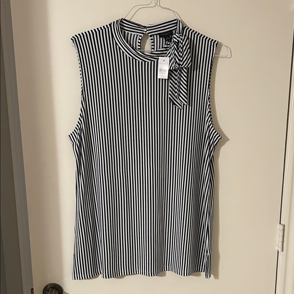 Ann Taylor Factory Black & White Vertical Stripe Sleeveless Tie Neck Top